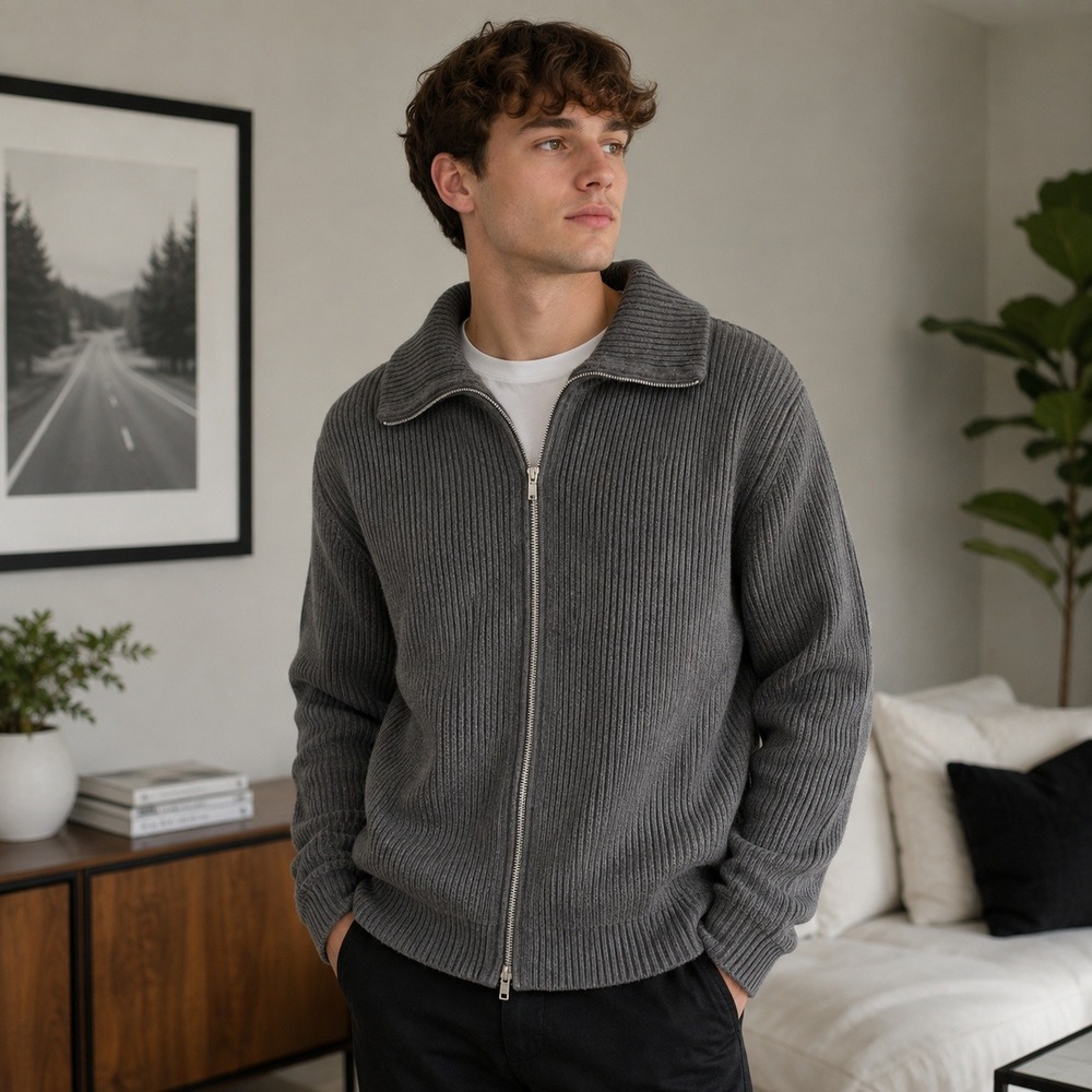 Gap Sweater Men M Gray Ribbed Cotton Full Zip Collared Cardigan